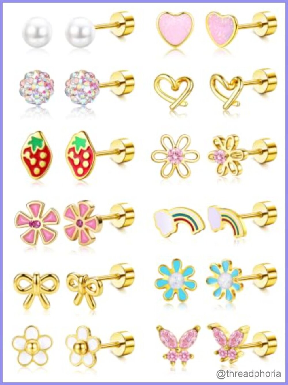 12 Pair Hypoallergenic 14K Gold Plated Flat Back Stud Earrings Set Screw Back